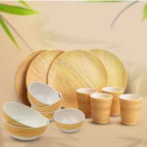 Wood Color Plate And Glass Set